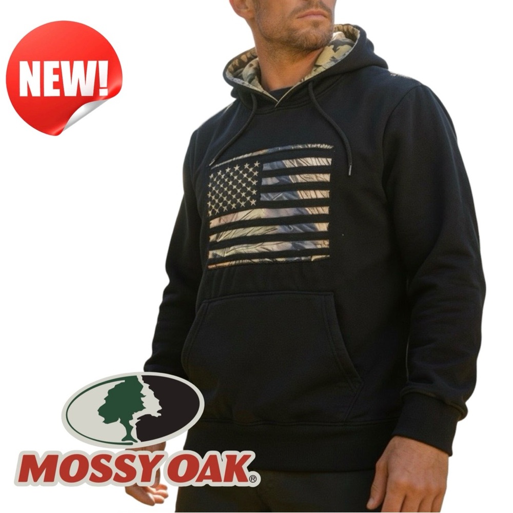 NWT - Mossy Oak Performance Fleece Men's Hoodie Black Camo USA Flag Size Medium